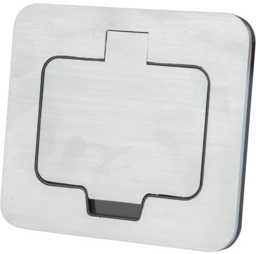 ProTec, presa impermeabile rettangolare iniziale 16A 2P+T IP55, metallo spazzolato, apertura a 128°, installazione semplice, ideale per esterno/ufficio, design elegante, scatola da incasso inclusa