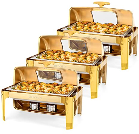 ROVSUN 9QT 3 Pack Roll Top Chafing Dish Buffet Set, Rectangular NSF Stainless Steel Buffet Warmer Chafers with Thick Frame for Catering Events Parties Weddings Dinners, Gold