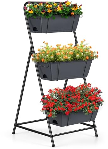 Vertical Garden Planter 3 Tier Raised Garden Bed Herb Garden Planter Outdoor Standing Garden Planter Box with Drainage Holes Removable Tray for Patio Balcony Porch Grey