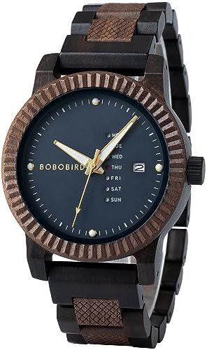 BOBO BIRD Herren-Armbanduhr aus Holz, analog, Quarz, mit Wochenanzeige, leicht, handgefertigt, Holz-Armbanduhr für Herren