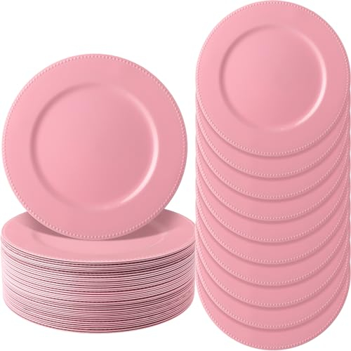 Jinei 36 Pack Beaded Charger Plates 13 Inch Round Pink Charger Plates Vintage Table Decoration Reusable Dinner Tray for Table Wedding Halloween Thanksgiving Christmas Party Decoration