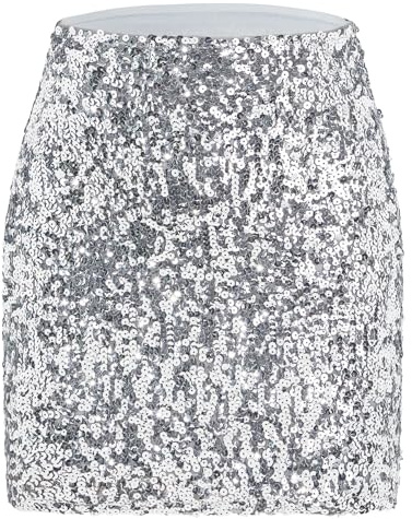 Durio Pailettenrock Für Damen Glitzer Rock Kurz Damen Sexy Midi Skirt Hüftrock mit Elastische Taille Party Rave Outfit Silber S