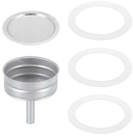 QUARKZMAN Pièces de Rechange pour Cafetière Italienne en Aluminium Avec 1 Filtre et 3 Joints D'Étanchéité en Silicone, 1 Entonnoir de 64x53x3,5 mm pour Cafetière Moka 6 Tasses (Argent)