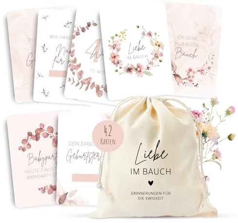 MeinBaby123® Meilensteinkarten Schwangerschaft | Meilenstein Karten Set Geschenk zur Schwangerschaft | Fotokarten für die Schwangerschaft | 42 Karten Inkl. hochwertigem Baumwollsäckchen (rosa)