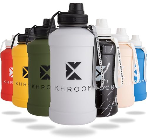 Khroom Edelstahl Trinkflasche 1,3L & 2,2L – Kohlensäure geeignet, auslaufsicher, spülmaschinenfest, einwandig, BPA-frei | Metall Outdoorflasche | 2 Liter XXL Water Jug | Sportflasche Grau