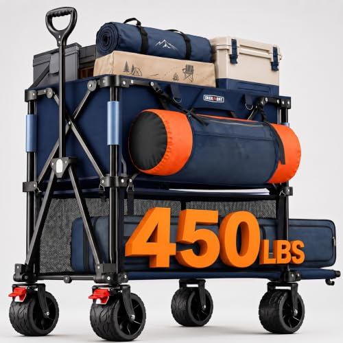 Overmont Doppeldecker Bollerwagen Faltbar 400I - Klappbar mit Geländegängige Breite Räder - 132cm extra Lange Verlängerung - bis 200kg Tragkraft - für Camping Sport Einkaufen Garten Strand Blau