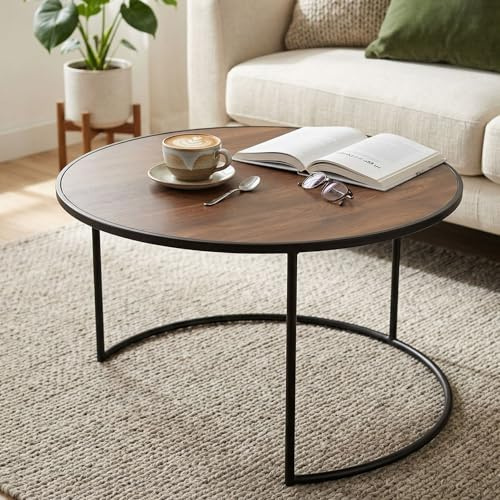 Dekoleidenschaft Beistelltisch Modern Ø 57 cm, Tischplatte furniert in Holz Optik, Gestell aus Metall, schwarz, Couchtisch, Sofatisch, Kaffeetisch, Wohnzimmertisch