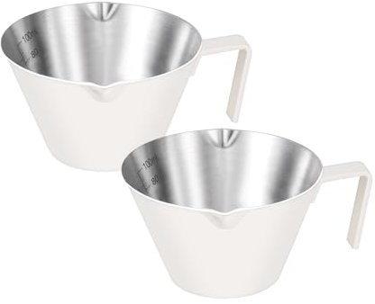 carrottimes 2 Pcs Espresso Cups with Handle, Double Spout Metal Measuring Cup with Dual Scale, Stainless Steel Espresso Shot Cup with V-Shaped Mouth, 3.4oz/100ml(White)