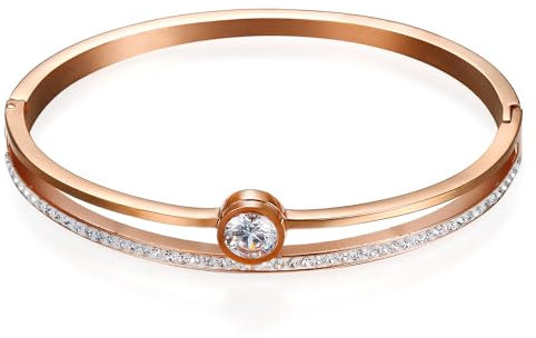 Cupimatch Damen Armband Edelstahl Armspange: Rosegold Armreif Armband mit Strasssteinen Geschenke für Frauen Mädchen zu Geburtstag Valentinstag