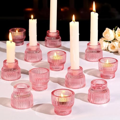 12 Stück Rose Stabkerzenhalter, Kerzenständer Glas, Teelichthalter für Hochzeit, Tischdekorationen, Votivkerzenhalter für Party Weihnachten Tischdeko