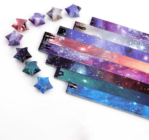 WUMUZAI Strisce di carta con stelle stellate, 540 fogli, motivo origami, 8 disegni, strisce di carta con stelle portafortuna, decorazione dello spazio esterno galassia, carta pieghevole per fai da te,