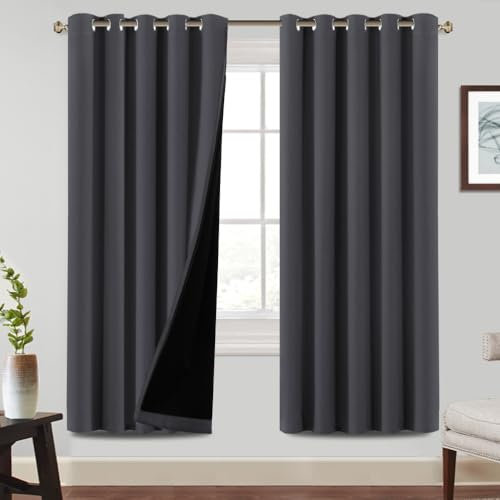 BellaHills 100% Blackout Curtains for Bedroom Thermal Insulated Blackout Curtains Heat and Full Light Blocking Eyelet Curtains for Living Room with Black Liner 2 Panels, 66 x 72 Inch, Charcoal Grey