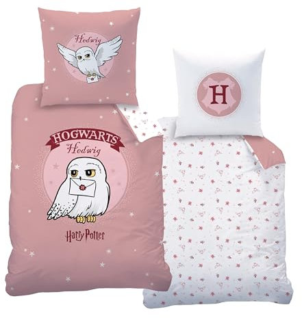 Juego de cama de franela de 135 x 200 cm, franela de Harry Potter, búho Hedwig, suave para otoño e invierno, funda de almohada de 80 x 80 cm + funda nórdica de 135 x 200 cm, 100% algodón, color rosa