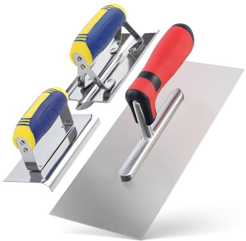 3 Pack Sainless Steel Concrete Tools Set, Flat Finishing Trowel (11 x 4) Concrete Hand Edger (6 x 3) and Groover (7 x 3) with Soft Grip, Plaster Cement Stucco Masonry Construction Hand Tools Kit