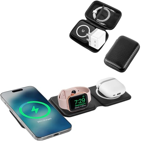 HH-Tech 3-in-1 Foldable Magnetic Wireless Charger Station with 50W Dual Output Adapter & Case (Combo Plus Dual)