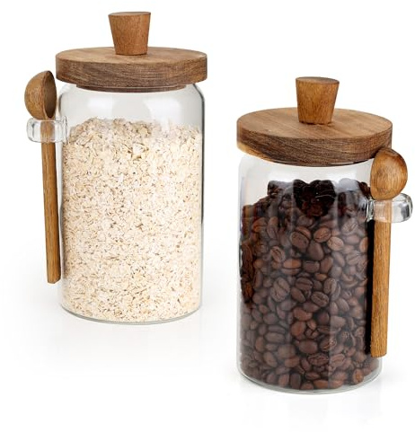 Aramanara 2 Pcs 750 ml Glass Jar with Lid and Spoon, Clear Coffee Container | Glass Kitchen Storage Jar with Wooden Spoon, Airtight Food Storage Containers for Coffee Bean Tea Spices Sugar Grain