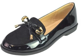 Air Foot Womens Black Shoes Ballerina Ladies Patent Black Bow Flats Slip on Micro Fiber Loafers Tassel Casual Work Pumps UK Size 3-8