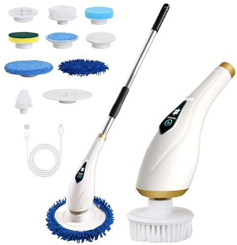 Mapille Spazzola Elettrica Rotante per Pulizia, Spazzola Elettrica per La Pulizia Senza Fili, per Bagno, Cucina, Auto, Impermeabile,con Manico Regolabile e 8 Testine Sostituibili, 2 modalità, Bianco