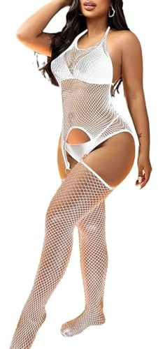 Rayson Damunderkläder Spets Fishnet Bodystocking Nattlinnen Transparent Ärmlös V-ringad Djup Underkläder Halter Hollow Sleepwear One Piece, Vit, one size