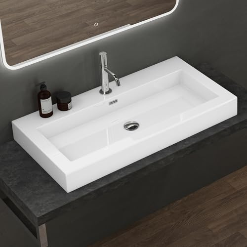 doporro Waschbecken 90x48x10cm weiß aus mineralguss Gussmarmor | Aufsatzwaschbecken Waschtisch robust und leicht zu reinigen, Colossum18