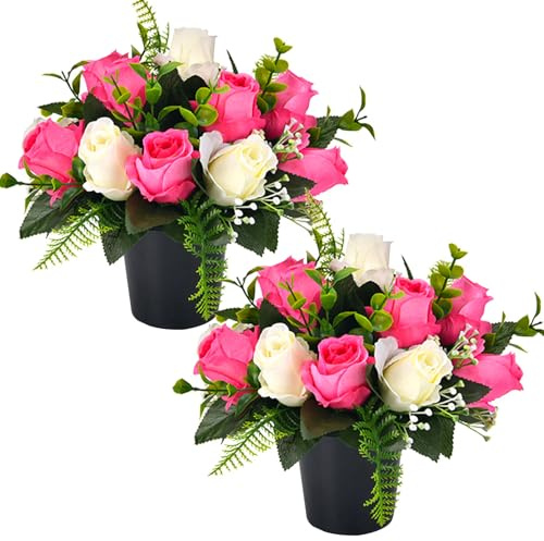 2 Set Artificial Flowers for Graves in Pot with 12-Head Pink White Roses Flake Plastics Silk Funeral Memorial Cemetery Christmas Grave Flowers Outdoor Graveside Ornaments for Granddad Mum Dad Friend