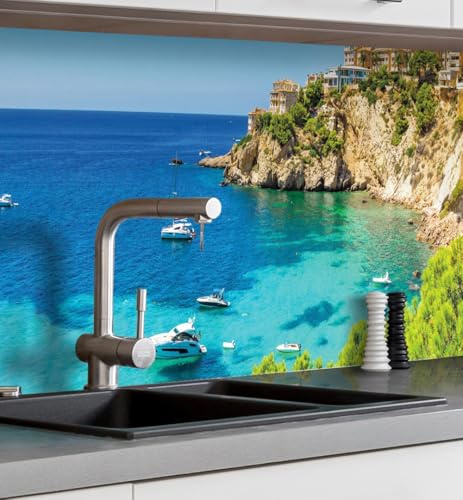 MyMaxxi Küchenrückwand selbstklebend – Matte, versteifte Spritzschutz Folie als günstige Alternative zu Glas, einfache Montage & leichte Reinigung – Motiv: Landschaft Lagune Meer B 280 cm x H 60 cm