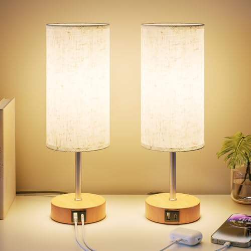 UPXNBOR Nachttischlampe mit Ladefunktion über USB-A- und USB-C-Anschlüsse, Nachttischlampe Touch Dimmbar mit 3 Stufen warmem Licht für Schlafzimmer und Wohnzimmer, 1,5 m Netzkabel (E27-Lampe inkl)