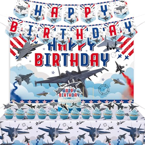 Fighter Jet Birthday Party Decorations, Airplane Party Decorations Include Aircraft Banner, Backdrop, Cake Toppers for Air Force Party Supplies