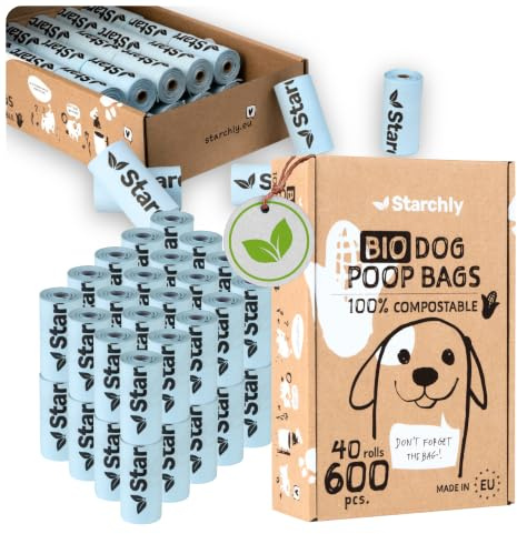 Starchly 600 Stück Hundekotbeutel biologisch abbaubar - 40 Rollen Kotbeutel für Hunde - Bio, Kompostierbare Beutel aus Maisstärke - 15 pro Rolle - Reißfest, Auslaufsicher, blau - MADE IN EU
