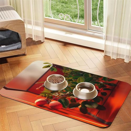 Fruit on The windowsill Pet Feeding Mat Dog Cat Eating Food Absorbent Leather Tablecloth for and Water Bowl Waterproof No Stains Quick Dry Non-Slip 17.72 * 11.8IN