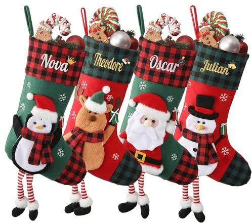 Sleeleece Personalised Christmas Stocking,Personalised Family Stockings Christmas Decorations,18 Inches Embroidered Large Xmas Stockings with 3D Dolls Santa for Family Holiday Christmas Party Decor