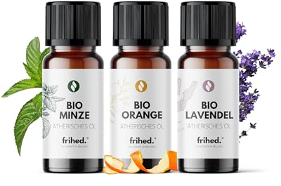 frihed.® Ätherisches Öl – 100% Naturrein & Hochwertig aus Lüneburg – für Sauna, Diffusor & Aromatherapie – Kontrolliert Biologischer Anbau (3er Set, Lavendel, Orange, Pfefferminze)