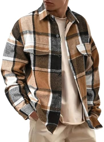 WINKEEY Camicia Flanella Uomo Camicia a Quadri a Maniche Lunghe Eleganti Camicie Button Down Autunno Inverno,Marrone M
