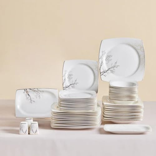 Karaca Autumn Bone China Dinner Set - 53-Piece Square Dinnerware for 12 People, Dinner Plate Set with Pasta Bowls, Dessert Plates, Small Serving Plates and Soup Bowl - White