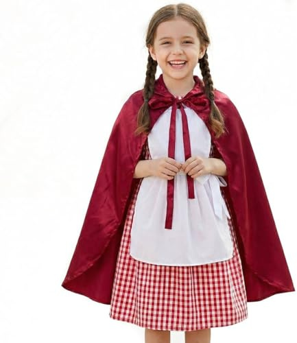Childs Red Riding Hood Costume - 2 Piece Red and White Gingham Dress With Attached White Apron and Red Cloak Cape - Book Day Storybook Character Outfit Halloween Girls Fancy Dress Costume