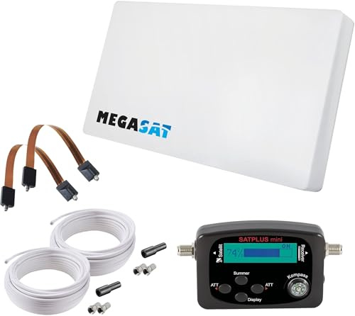 Megasat Antena Plana Set – D2 Profi-Line (2 usuarios, Incl. 2 × 10 m de Cable, buscador de satélite, 2 × pasacables para Ventana, LNB Intercambiable, múltiples Opciones de Montaje) – Blanco