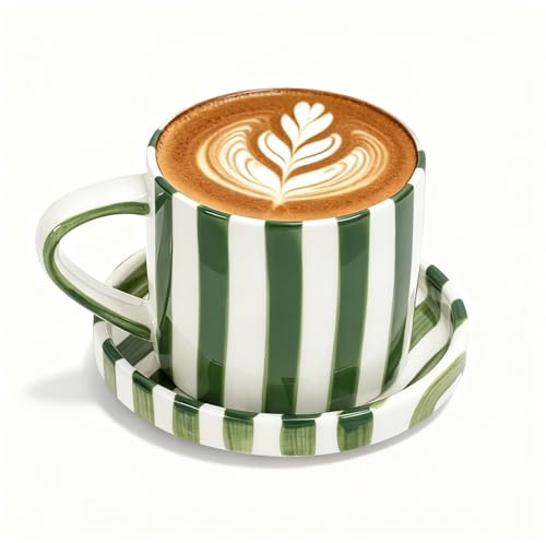 Zouwel Ceramic Coffee Mug 8oz with Saucer, Hand-Painted Striped(Green) | Large Hot Chocolate Mug, Novelty Pottery Tea Cup, Kitchen & Office Use, Green Colour, Multiple Use