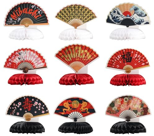 Bubaxuce Decorazioni per Compleanno - 9 Pezzi Decorazioni per Feste Giapponesi Ventagli di Carta Stile Nipponico Decorazioni A Nido D’Ape per Tavola Festa per Neonati E M