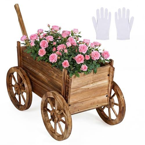 COSTWAY Blumenwagen Holz, Blumenständer mit 4 Rädern & Griffen, Pflanzwagen verkohlt, Blumenkasten, Pflanzenkasten deko für Garten & Balkon, bis zu 20 kg belastbar, 78 x 45 x 72 cm