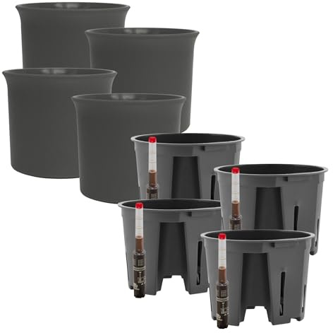 Leni Atlas Hydrokultur-Set Übertopf Ø 13 cm Höhe 9,7 cm Anthrazit 4er-Pack | mit Kulturtopf und Gießanzeige, Blumentopf, Pflanztopf aus Kunststoff matt