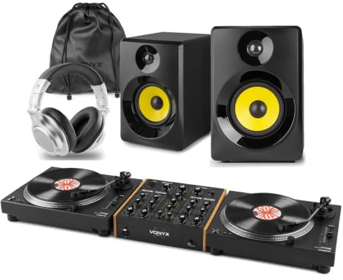 Vonyx DT6000 Home DJ Setup with 2 Direct Drive Turntables, 4 Channel Rotary Mixer, Active Monitor Speakers and DJ Headphones for Vinyl Mixing and Hi-Fi Listening