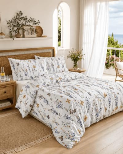 Seersucker - Juego de cama (135 x 200 cm, 100% algodón), diseño de mariposas y flores