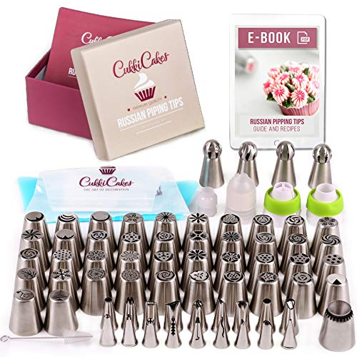 CukkiCakes Beccucci Russi | SET Decorazione per Fiori di Torta/Cupcake 92 Pezzi: 65 Beccucci Sac a Poche + 20 Tasche da Pasticcere Usa e Getta + 1 Sacca in Silicone + 4 Adattatori + Guida