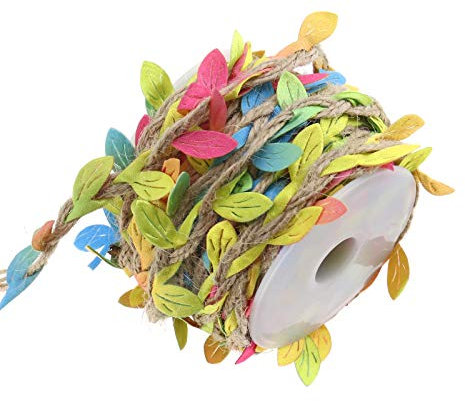 OTOTEC Cordel de Yute con Hojas, Cinta de Hojas de arpillera Natural de 20 m con Hojas Artificiales, Cuerda de cáñamo con Bobina para Manualidades, hogar, jardín, Multicolor, 66.6 pies