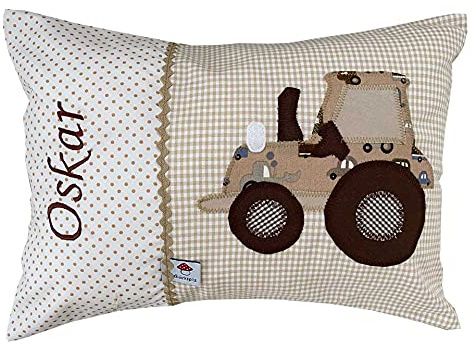 Glückspilz Namenskissen Babykissen I Traktor Trecker I Dekokissen Kind mit Namen Bestickt personalisiert I Beige Braun I 30 x 45 cm