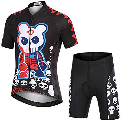 LSHEL Set con Maglia da Ciclismo a Maniche Corte e Pantaloncini, Traspirante, Motivo con Cartoni Animati, per Mountain Bike, per Ragazze e Ragazzi, 6-7 Anni, Skull Combattimento
