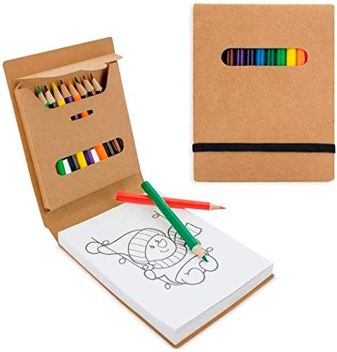 15 Notizbücher aus Karton mit 12 Buntstiften aus Holz und 12 verschiedenen Schablonen zum Ausmalen. Details und Geschenke für Kinder für Veranstaltungen mit Jungen und Mädchen.