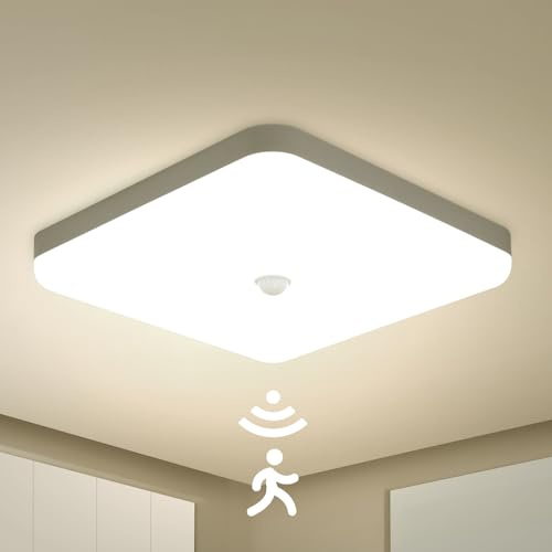 Combuh Led Taklampa med Rörelsesensor 30W 2400LM, IP56 Vattentät Badrumsbelysning, 4000K Neutralvit, Takpanel för Garage, Hall, Trappor, Förråd, 25 x 25 x 4 cm