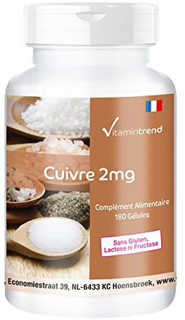 Vitamintrend Cuivre 2 mg, 180 gélules, faciles à avaler, hautement dosé, complément alimentaire vegan sans stéarate de magnésium, fabriqué en Allemagne