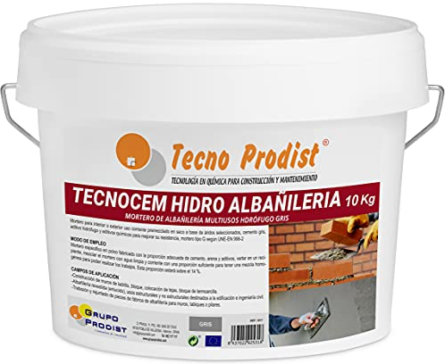 TECNOCEM HYDRO TAILERIE de Tecno Prodist (10 kg) Mortier de ciment pour travaux de maçonnerie et de construction, hydrofuge, idéal pour enduits, plâtrage et pose de briques. Couleur grise.